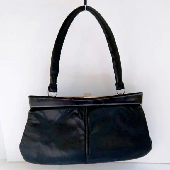 Unique Vintage Black Leather Satchel/Shoulder Frame Bag wth Chic Sleek Features - Picture 1 of 15